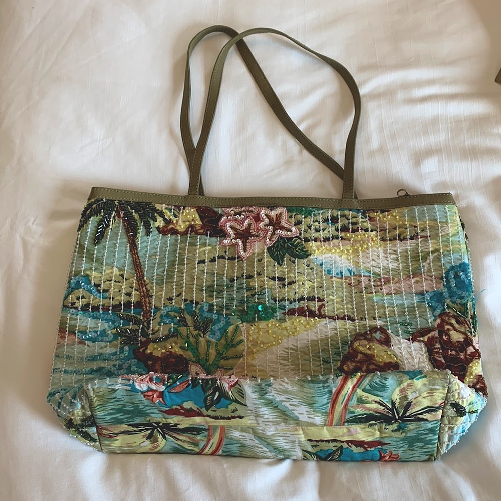 Vintage Christy sequin beaded beach motif tote handbag purse with gold lining